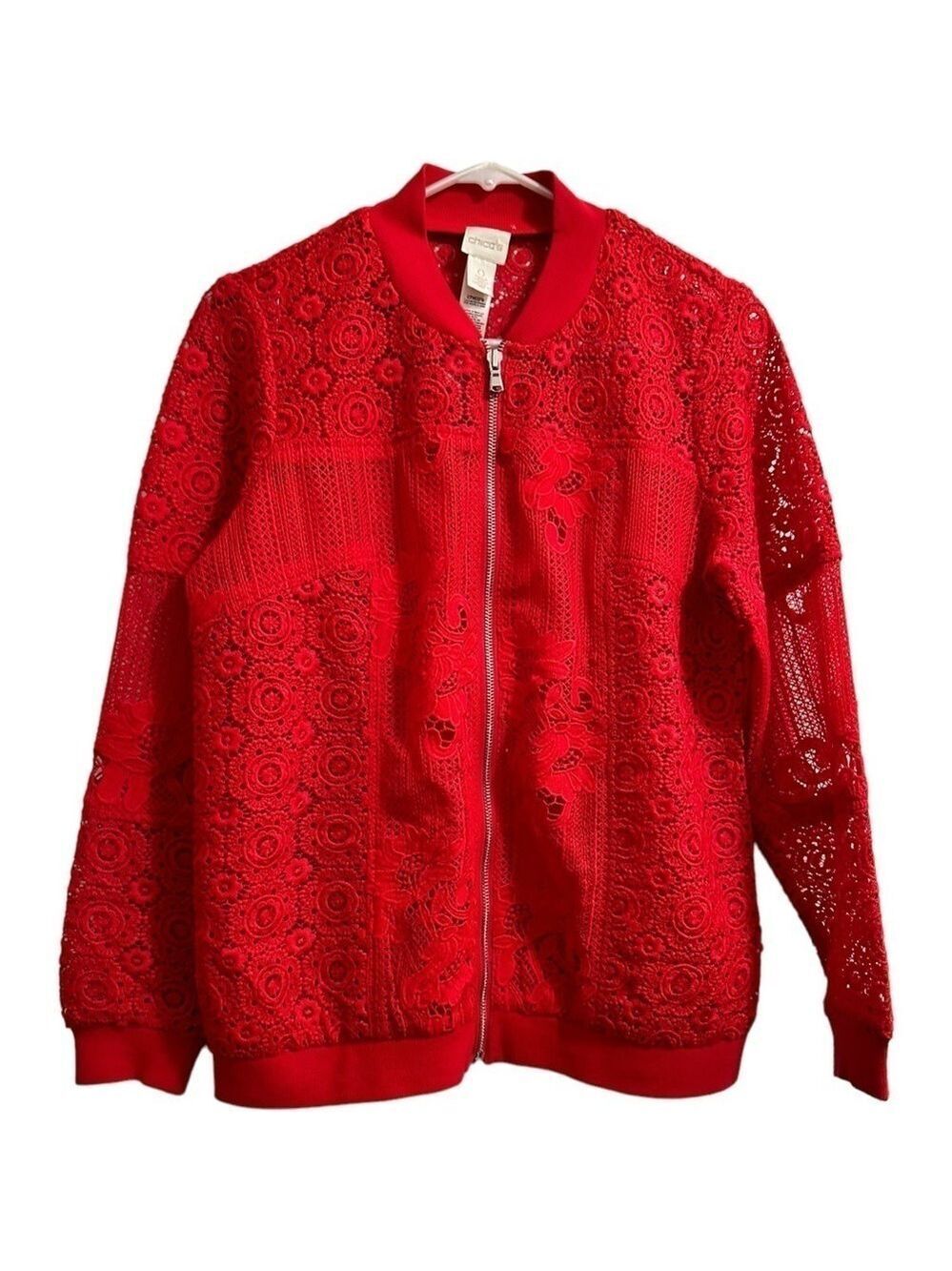 Chico’s Red Sheer Fancy Crochet Lace Blazer, Womens 4 - Chicos Size 0 BEAUTIFUL!